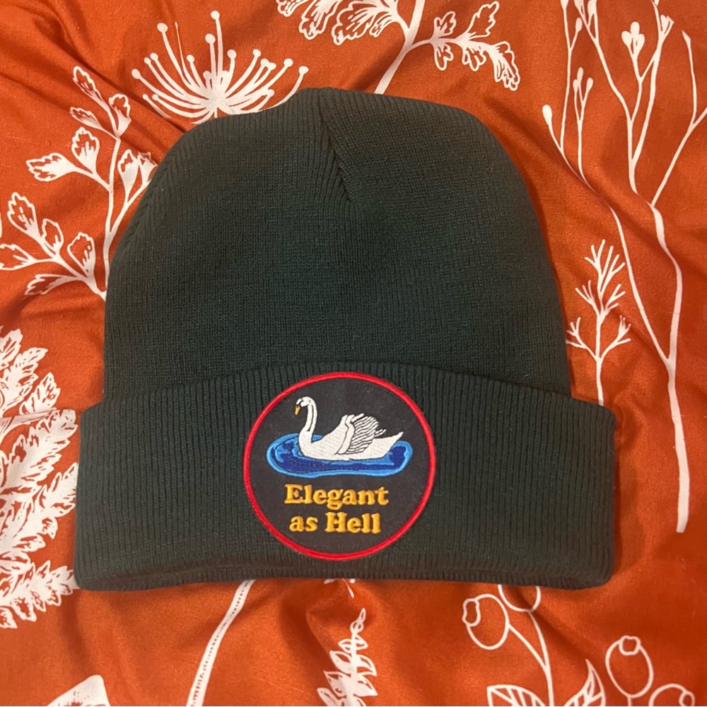 Dark Green Beanie with Swan Patch